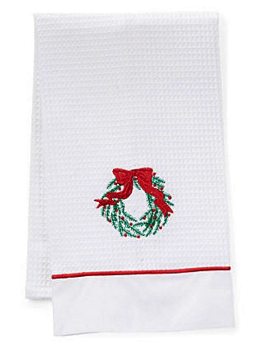 Guest Towel, Waffle Weave and Satin Trim, Christmas Wreath (Green, Red)