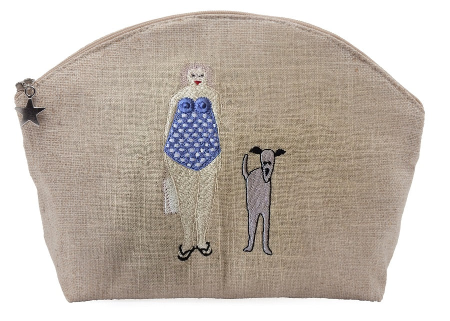 Cosmetic Bag, Natural Linen (Large), Bathing Lady & Dog (Blue)