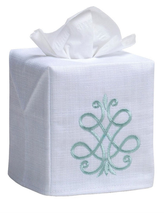 Tissue Box Cover, French Scroll (Aqua)