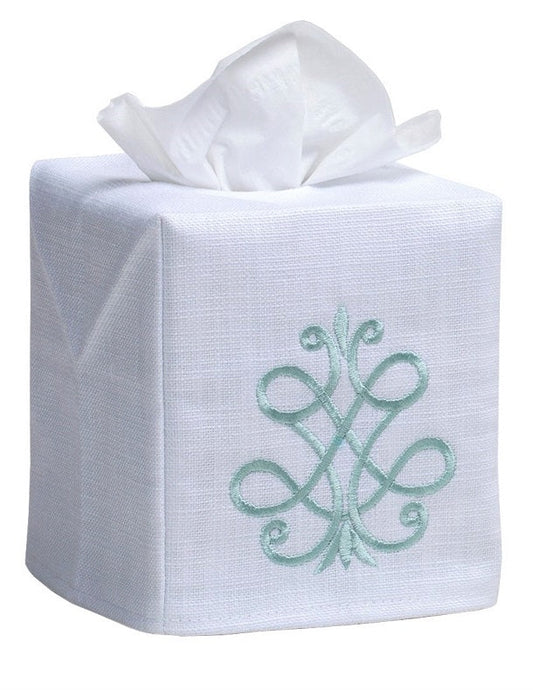Tissue Box Cover, French Scroll (Aqua)