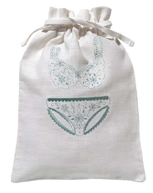 Lingerie Bag, White Cotton/Linen, Flower Bikini (Aqua)