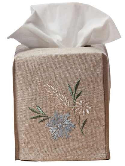 Tissue Box Cover, Natural Linen, Meadow (Blue)