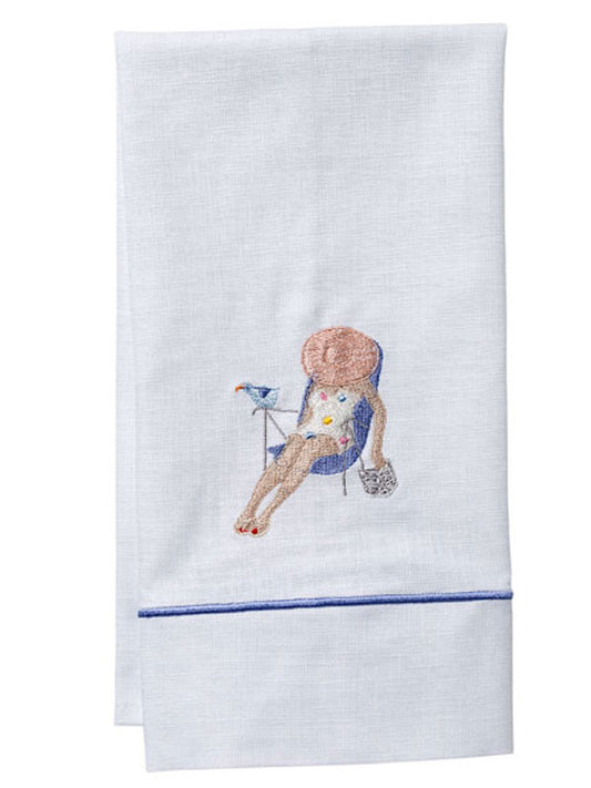 Guest Towel, White Linen, Satin Stitch, Siesta Lady