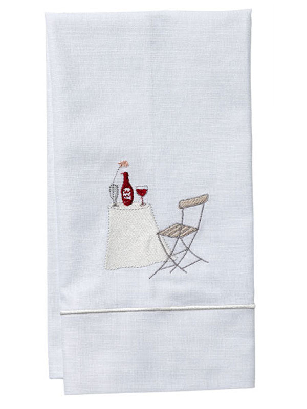Guest Towel, White Linen/Cotton, Satin Stitch, Wine Table
