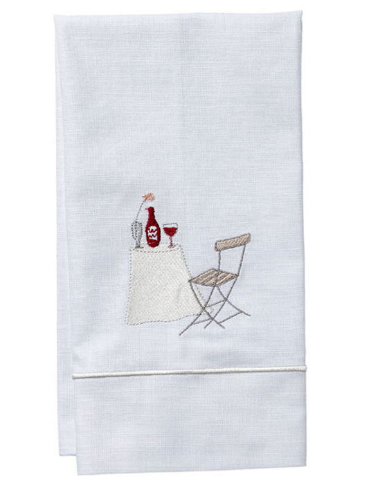 Guest Towel, White Linen/Cotton, Satin Stitch, Wine Table