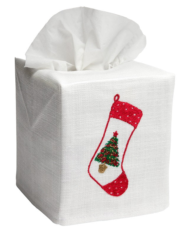 Tissue Box Cover, Christmas Stocking with Tree (Red/White)