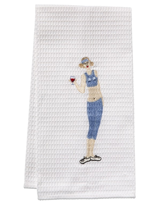 Guest Towel, Waffle Weave, Wine Workout Girl (Blue)