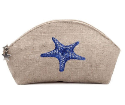 Cosmetic Bag, Natural Linen (Small), Morning Starfish (Blue)
