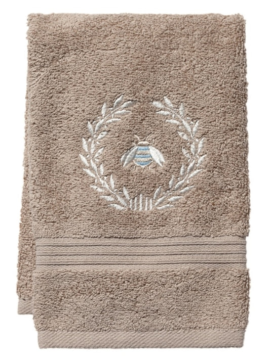 Guest Towel, Taupe Terry, Napoleon Bee Wreath (Duck Egg Blue)