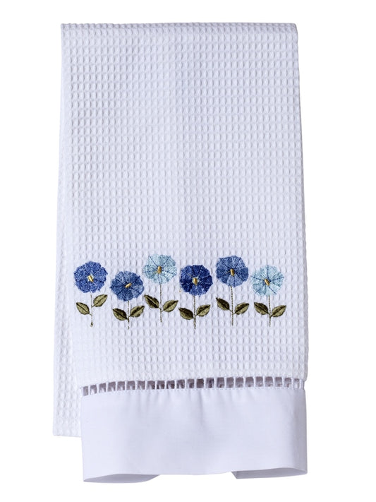 Guest Towel, Waffle Weave, Row of Flowers (Blue)