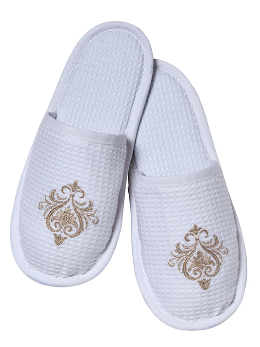 Slippers, Waffle Weave, Parisian Scroll (Beige)