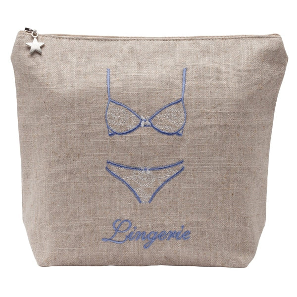 Beige pouch with blue lingerie illustration and 'Lingerie' text on a white background