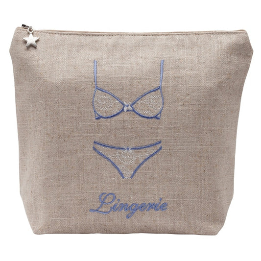 Beige pouch with blue lingerie illustration and 'Lingerie' text on a white background