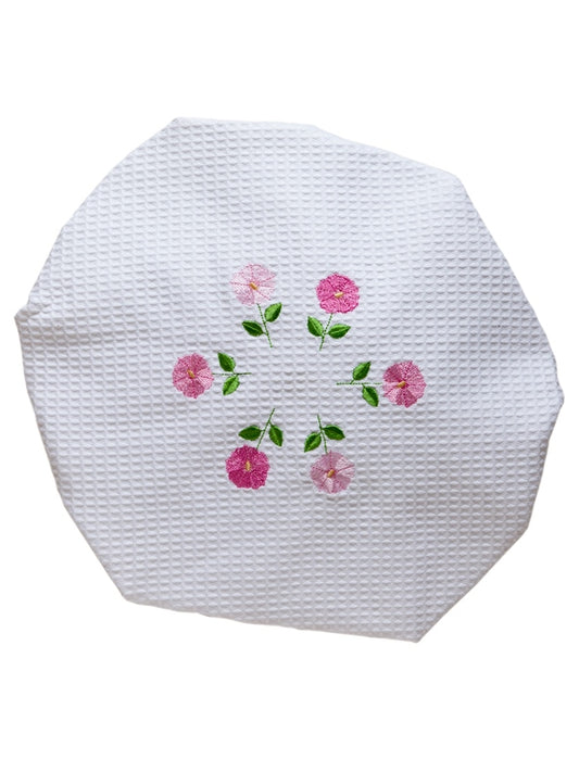 Shower Cap, Waffle Weave, Row of Flowers (Pink)