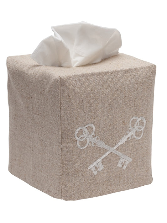 Tissue Box Cover, Natural Linen, Crossed Keys (Beige)