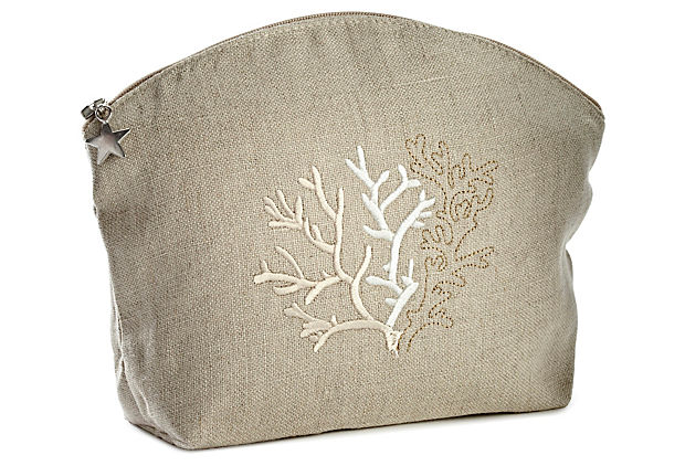 Cosmetic Bag, Natural Linen (Medium), Coral (Beige)