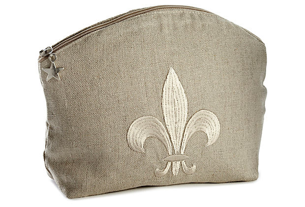 Cosmetic Bag, Natural Linen (Medium), Fleur de Lis (Beige)