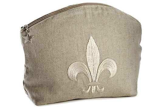 Cosmetic Bag, Natural Linen (Medium), Fleur de Lis (Beige)