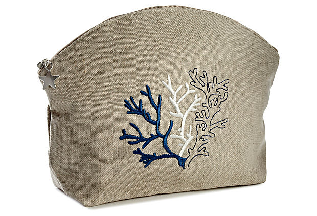 Cosmetic Bag, Natural Linen (Medium), Coral (Navy)