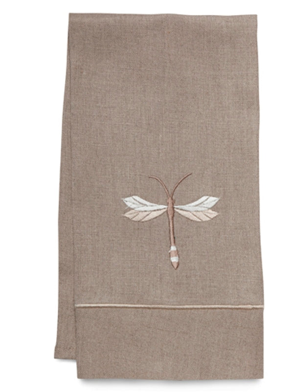 Guest Towel, Natural Linen & Satin Trim, Twilight Dragonfly (Beige)