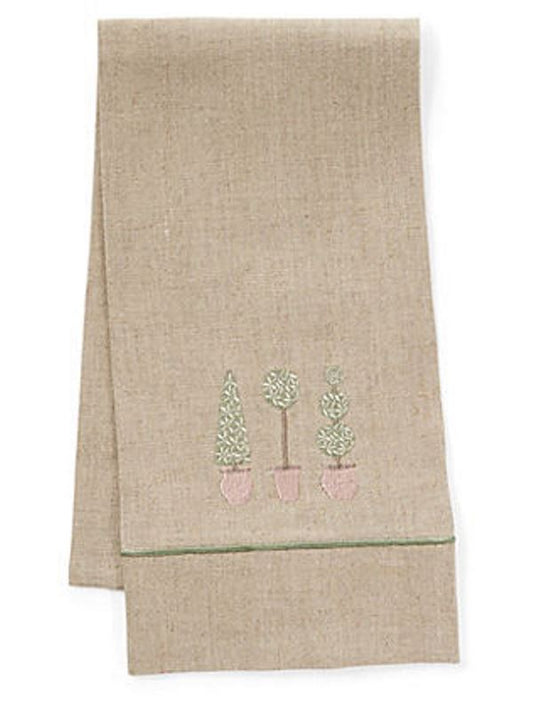 Guest Towel, Natural Linen & Satin Stitch, Three Topiary Trees (Olive)