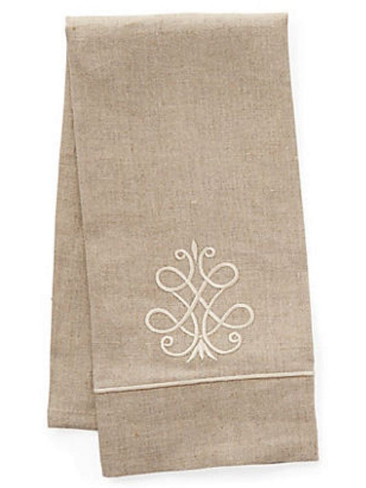 Guest Towel, Natural Linen & Satin Stitch, French Scroll (Beige)