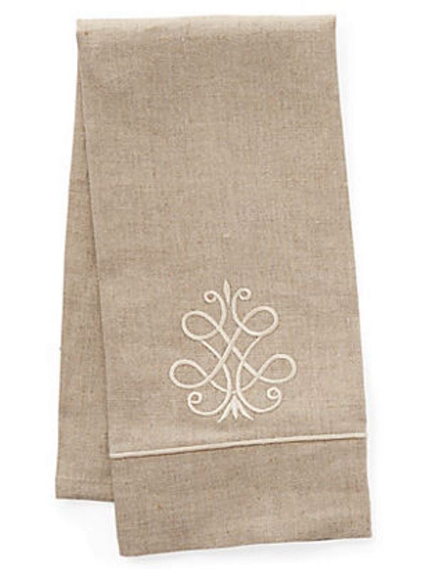 Guest Towel, Natural Linen & Satin Stitch, French Scroll (Beige)
