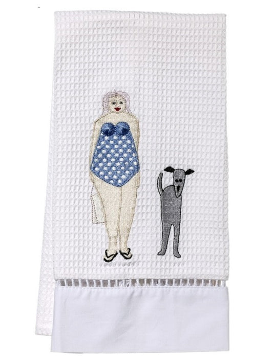 Guest Towel, Waffle Weave, Bathing Lady & Dog (Blue)