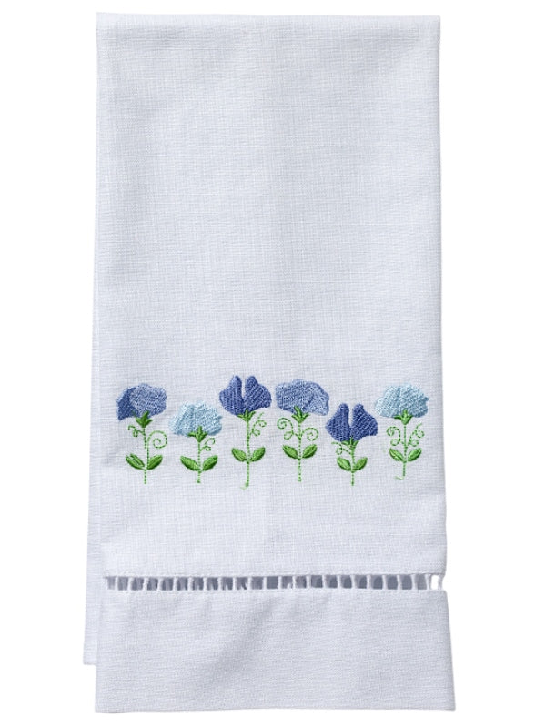 Guest Towel, White Linen & Ladder Lace, Row of Sweet Peas (Blue)