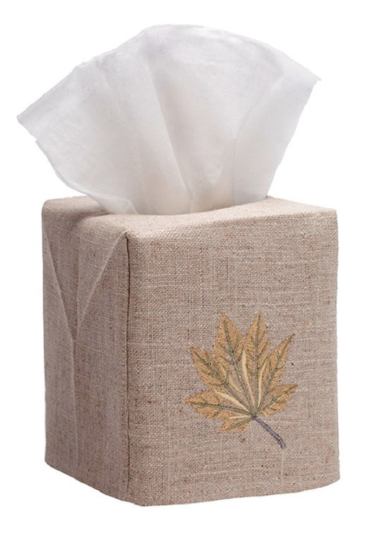 Tissue Box Cover, Natural Linen, Maple Leaf (Honey Gold)