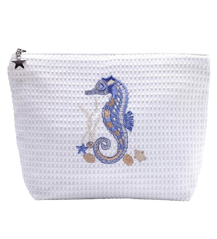 Cosmetic Bag (Medium), Waffle Weave, Seahorse & Shells (Blue)