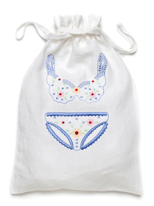 Lingerie Bag, White Cotton/Linen, Flower Bikini (Blue Multi)