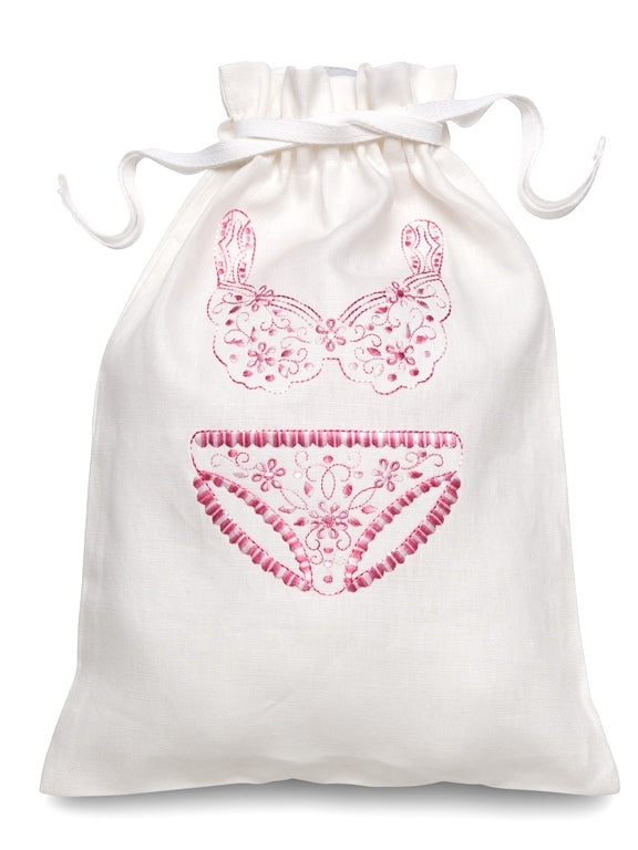 Lingerie Bag, White Cotton/Linen, Flower Bikini (Pink)