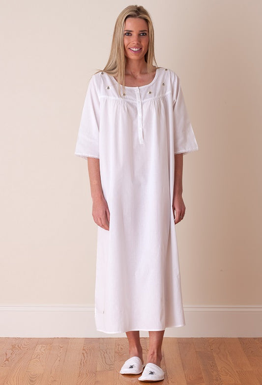 Bee White Cotton Nightgown, Embroidered (Bee - Gold/Navy)