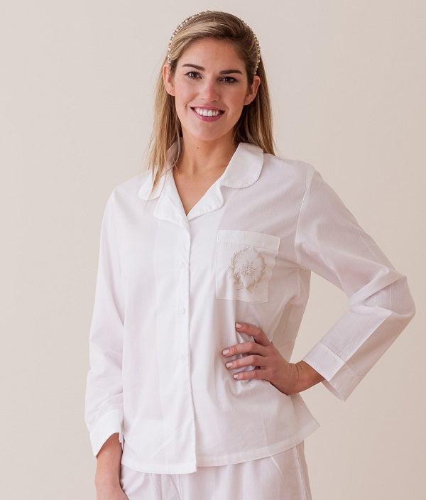 Lorraine White Cotton Pajamas, Embroidered