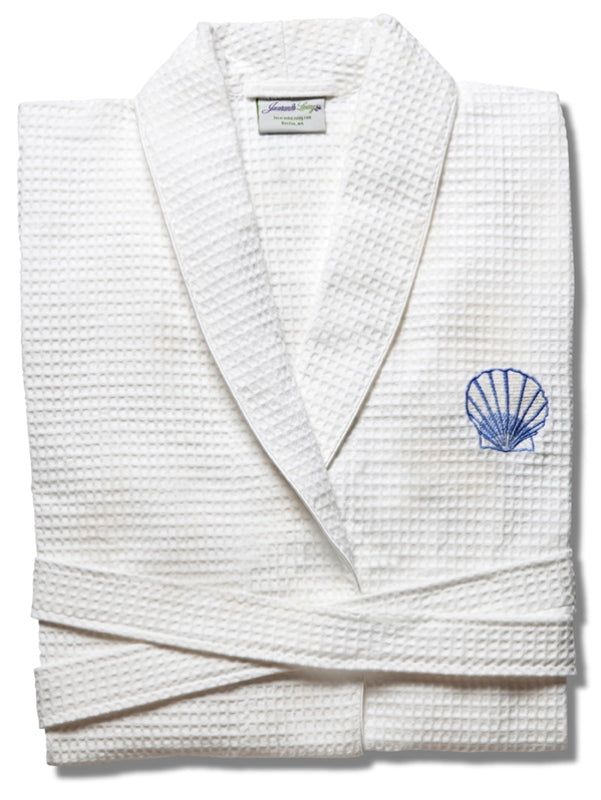 Waffle Weave Bathrobe with Satin Trim and blue scallop embroidery