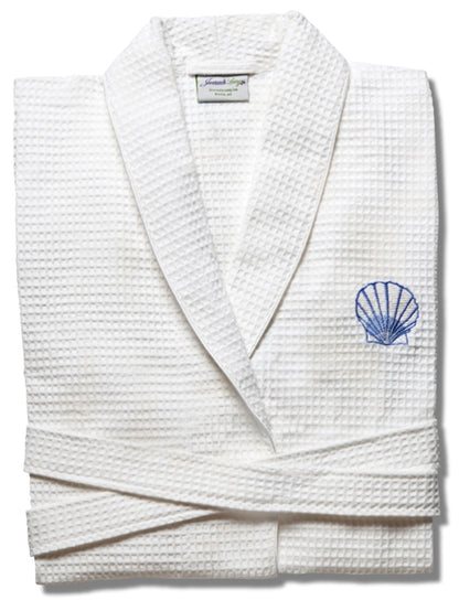 Bathrobe - White Waffle Weave, Embroidered (Scallop, Blue)