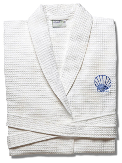 Bathrobe - White Waffle Weave, Embroidered (Scallop, Blue)