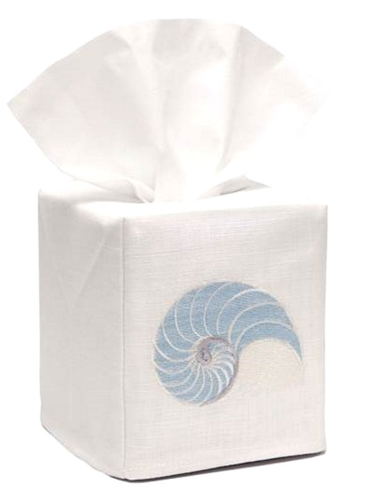 Tissue Box Cover, Linen Cotton - Striped Nautilus (Duck Egg Blue