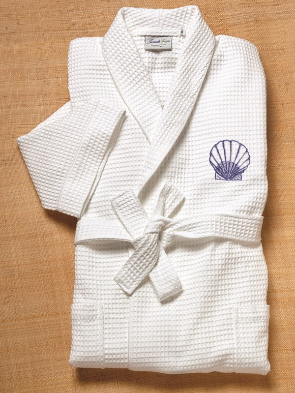 Waffle Weave Bathrobe with Satin Trim and blue scallop embroidery