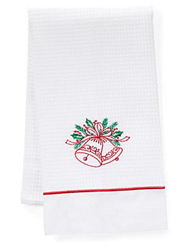 Guest Towel, Waffle Weave and Satin Trim, Holiday Bells (Red, Green)