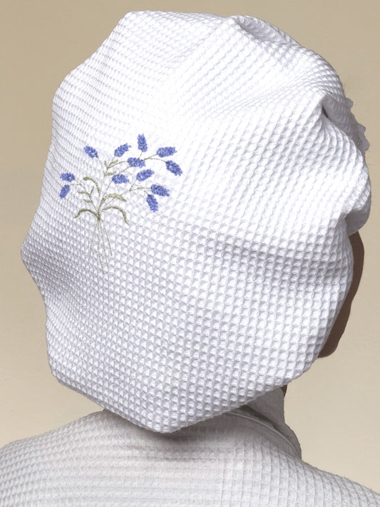 Shower Cap - White Cotton Waffle Weave, Embroidered