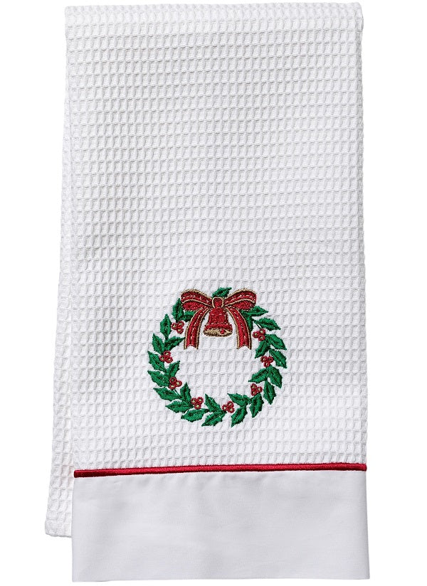 Guest Towel, Waffle Weave and Satin Trim, Bell Wreath (Green, Red)