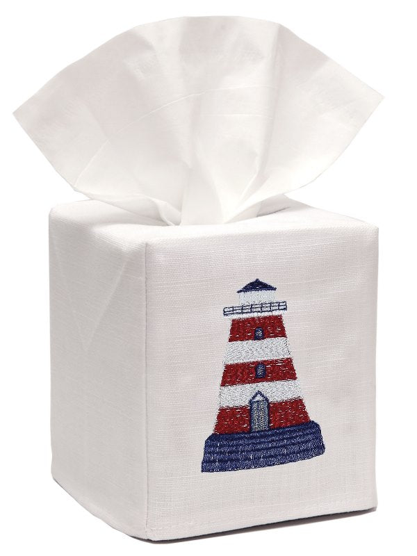 Tissue Box Cover, Linen Cotton - Lighthouse (Red/White)
