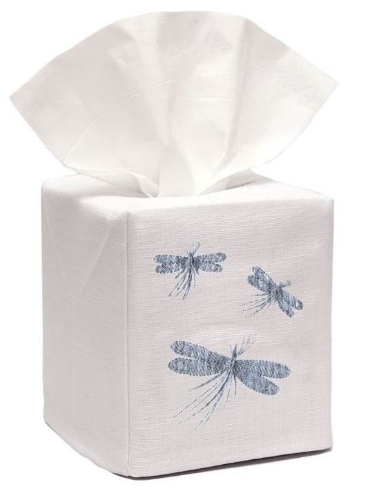 Tissue Box Cover, Linen Cotton - Classic Three Dragonflies (Duck Egg Blue)