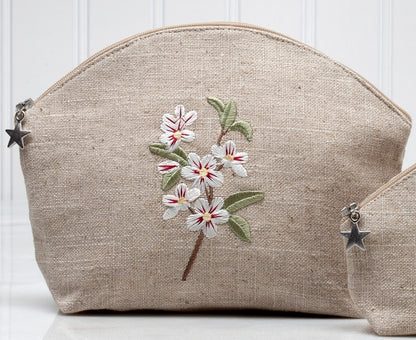 Cosmetic Bag, Natural Linen (Large), Apple Blossom (White)