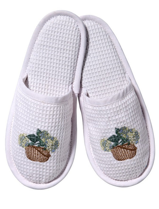 Slippers, Waffle Weave, Hydrangea Basket (Cream/Blue)