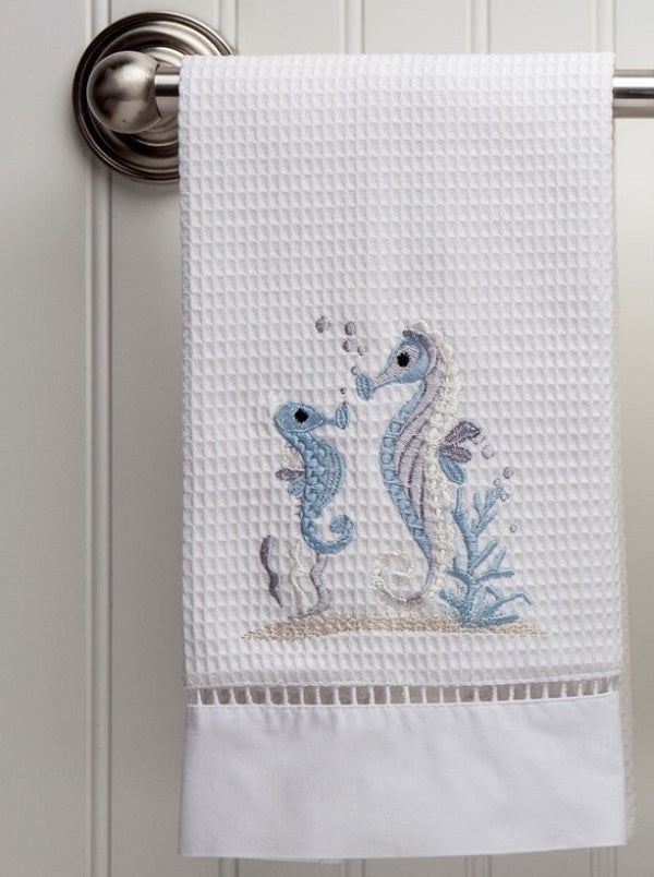 Guest Towel, Waffle Weave, Seahorse & Baby (Duck Egg Blue)