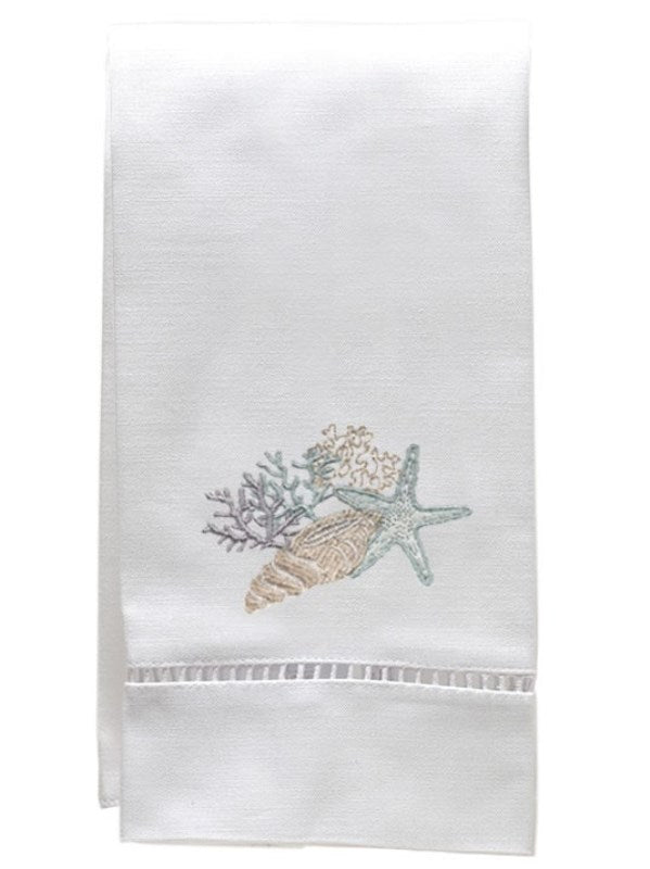 Guest Towel, White Linen/Cotton & Ladder Lace, Shell Collection (Duck Egg Blue)
