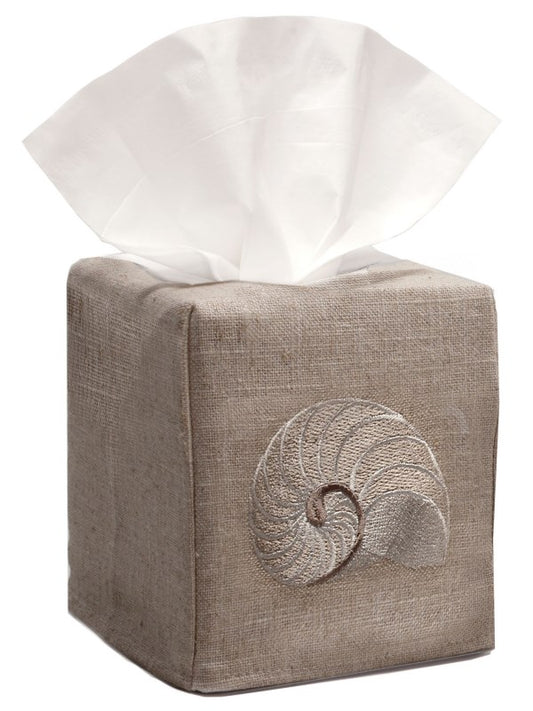 Tissue Box Cover, Natural Linen, Striped Nautilus (Beige)